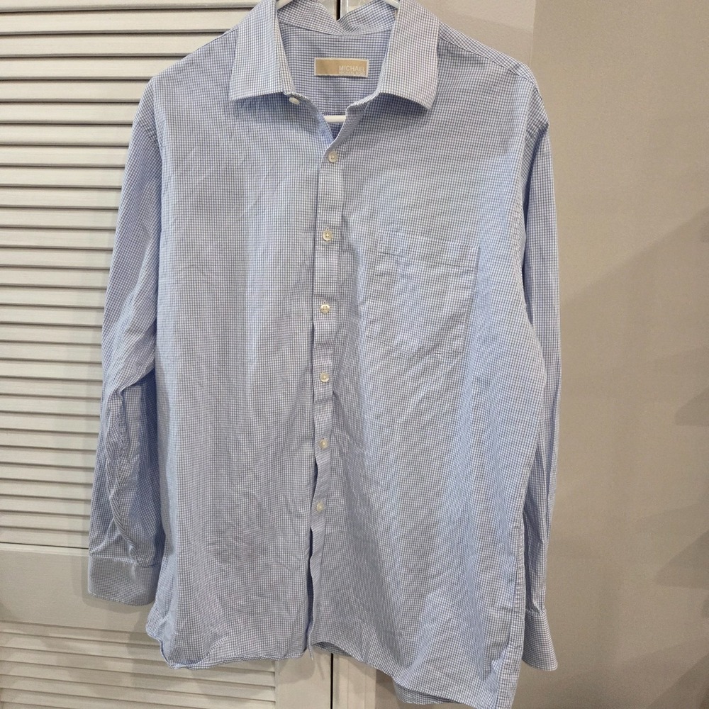 Mens Michael Kors Blue White Micro-Check Dress Shirt 17 34/35 Regular Fit
